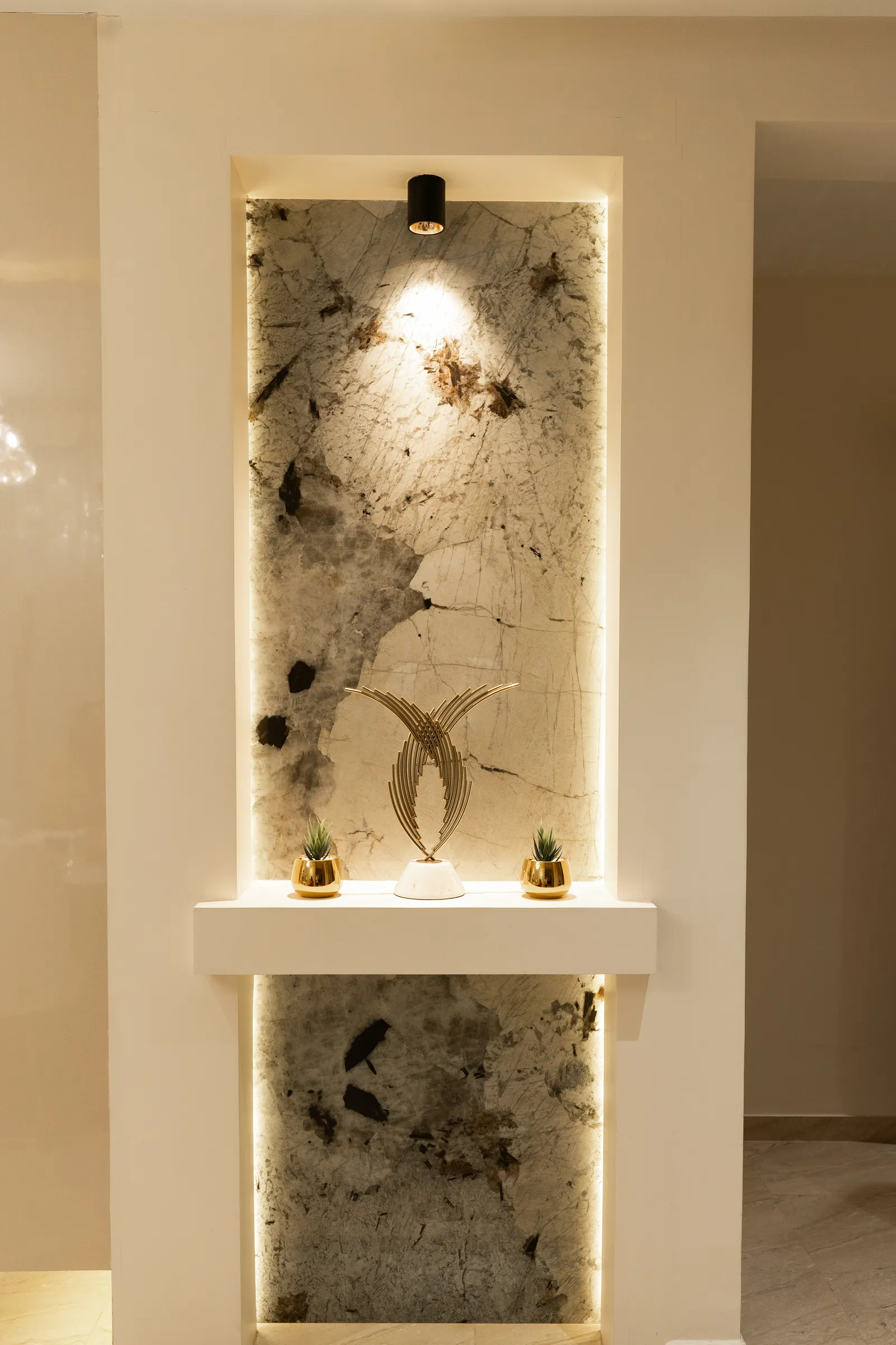 Backlit floral-glass feature panel with display ledge — Arna's Home